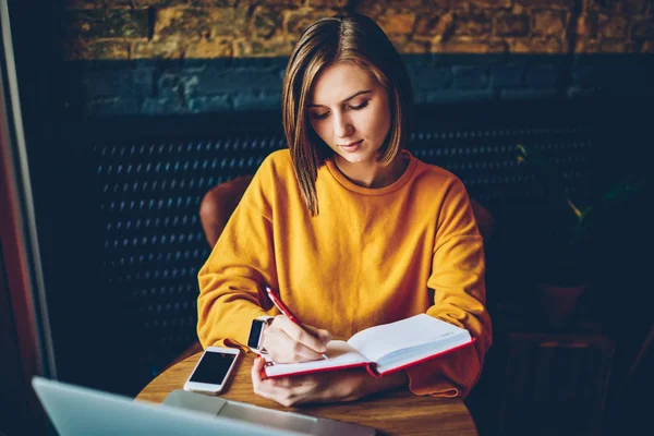 Pensive Clever Hipster Girl Writing List Personal Organizer Planning Job — Stock Photo, Image