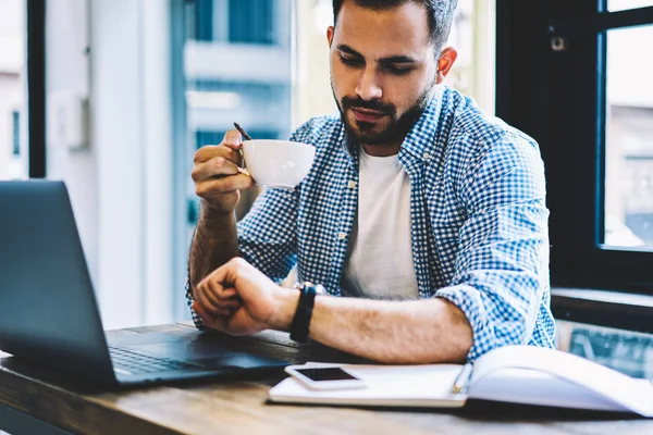 Young Caucasian Male Developer Looking Wristwatch Coffee Break Sitting Coworking — Stock Photo, Image