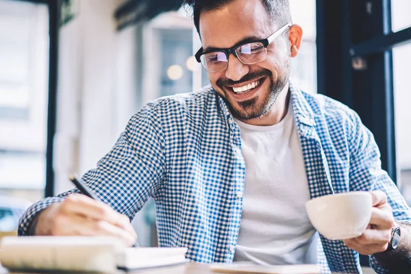 Excited Male Designer Feeling Happy Creating Successful Project Sitting Cafeteria — Stock Photo, Image