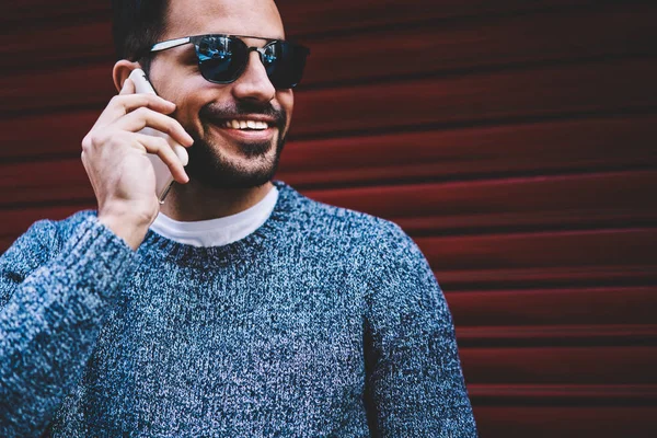 Cheerful Trendy Dressed Guy Talking Mobile Phone Standing Outdoors Handsome — Stock Photo, Image