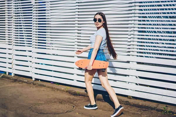 Retrato Completo Chica Hipster Atractiva Con Pelo Largo Gafas Sol — Foto de Stock