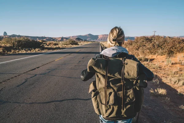 Back View Excited Hipster Girl Standing High Mountain Top Feeling Stock Photo