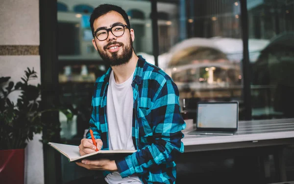 Happy Male Blogger Optical Eyewear Vision Correction Pondering Idea University — Stock Photo, Image