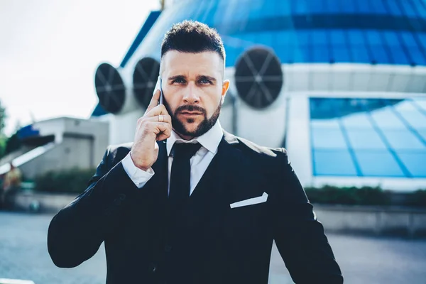 Close Portrait Male Marketing Expert Elegant Formal Suit Posing City — Stock Photo, Image