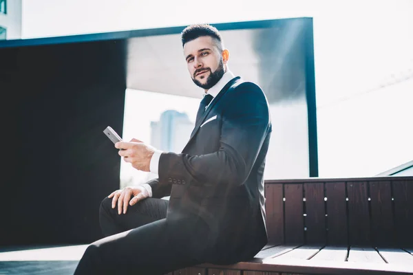 Portrait Serious Male Government Worker Formal Wear Sitting Urban Setting — Stock Photo, Image