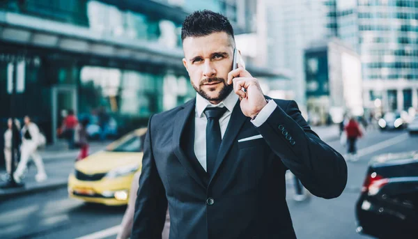 Half Length Portrait Handsome Male Entrepreneur Calling Service Taxi Standing — Stock Photo, Image