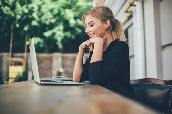 Side View Happy Hipster Girl Watching Positive Comedy Movie Content — Stock Photo, Image