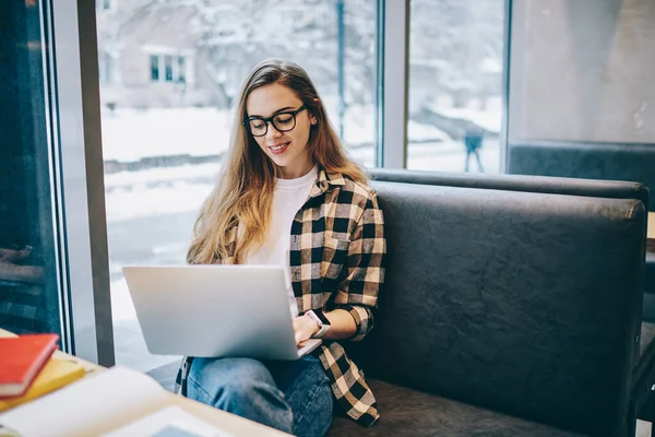 Positive Female Remote Worker Searching Funny Information Creating Article Content — Stock Photo, Image