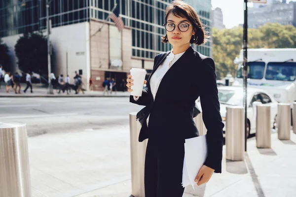 Half Length Portrait Confident Female Corporate Employee Looking Camera Coffee — Stock Photo, Image