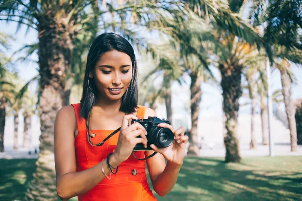 Positive female journalist in casual wear focusing lens while taking pictures at old fashioned equipment enjoying leisure in nature park with palm trees, successful amateur photographer making images