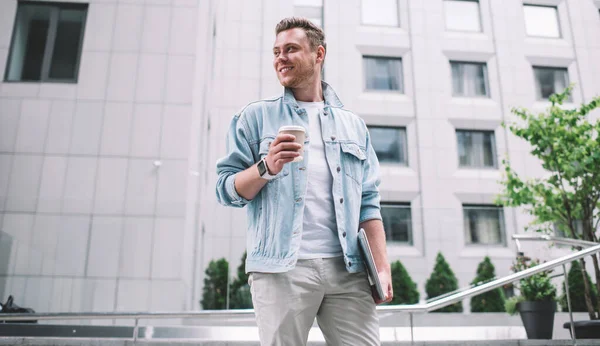 Handsome Millennial Man Casual Outfit Having Cup Fresh Coffee Standing — Stock Photo, Image