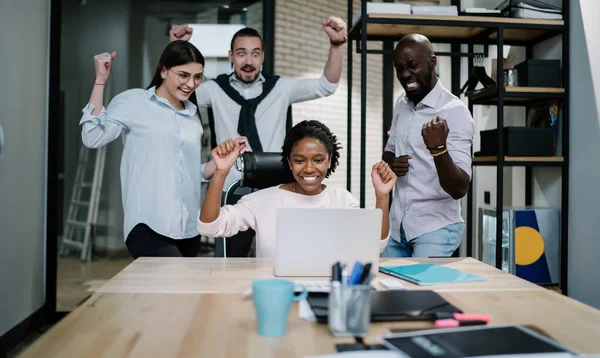Successful Multicultural Corporate Team Partners Coworkers Celebrating Victory Online Batl — Stock Photo, Image