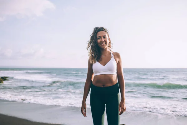 Portrait Cheerful Young Woman Dressed Active Wear Happy Morning Training — Stock Photo, Image