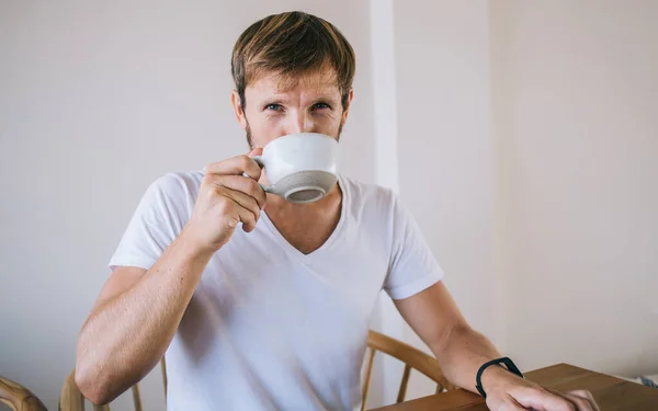 Portrait Handsome Hipster Guy Drinking Aroma Caffeine Beverage Enjoying Gorgeous — Stock Photo, Image