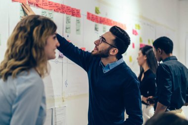 Şirketin üretken çalışması için strateji geliştiren bir grup genç çok kültürlü yönetici, duvardaki çubuklardan ilginç notlar okuyan meraklı erkek gözlük uzmanı.