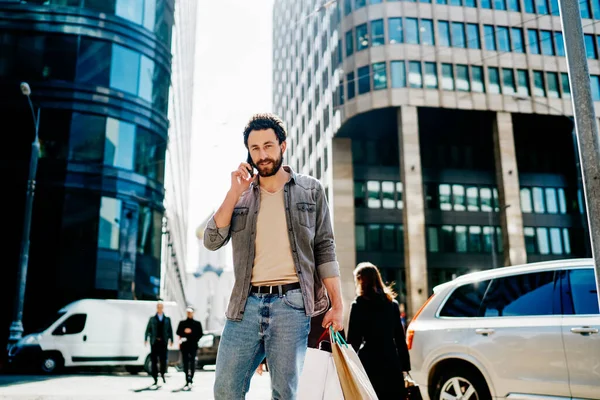 Half Length Portrait Handsome Hipster Guy Trendy Wear Having Mobile — Stock Photo, Image