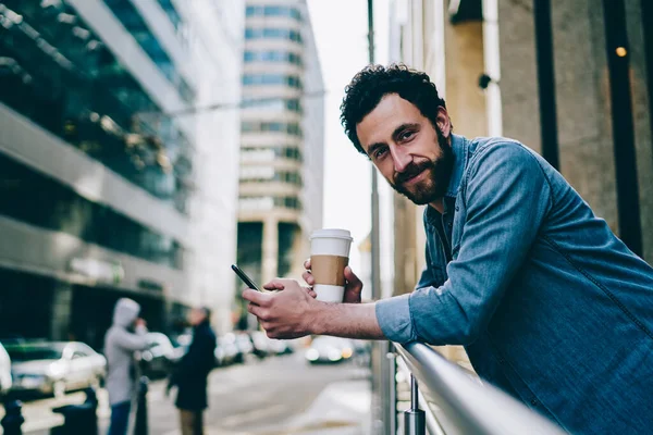 Portrait Positive Bearded Hipster Guy Having Coffee Break Outdoors Urban — Stock Photo, Image