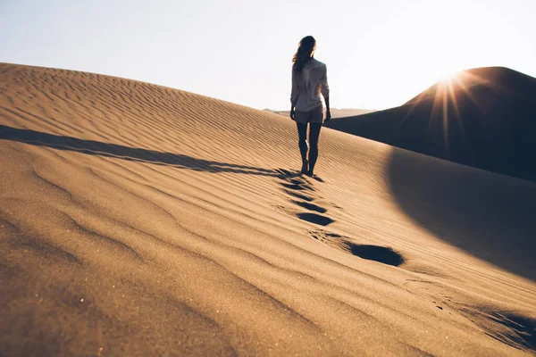 Vista Posteriore Vagabondo Femminile Abbigliamento Casual Esplorare Selvaggio Deserto Del — Foto Stock