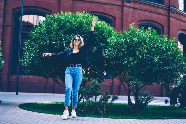 Full Length Portrait Joyful Hipster Girl Dressed Casual Look Having — Stock Photo, Image