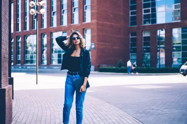 Half Length Portrait Confident Female Student Walking College Campus Folder — Stock Photo, Image