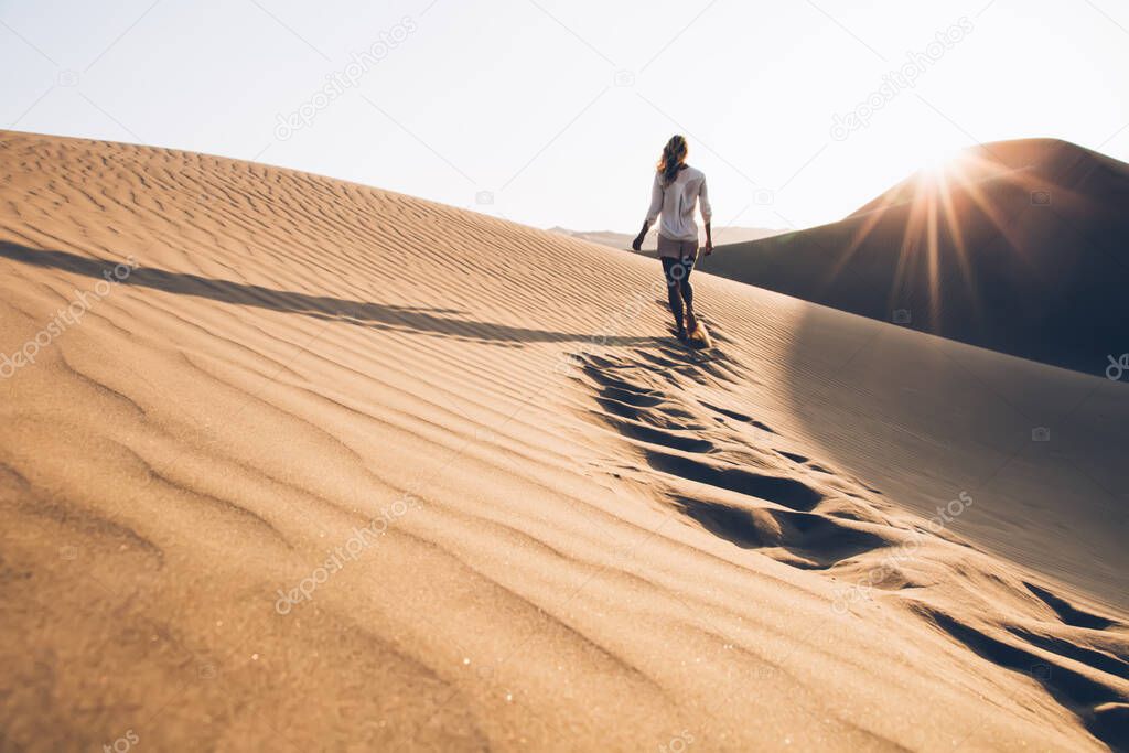 Back view of female wanderer exploring wild Sahara desert during summer evening with sunrise time in nature environment, woman tourist walking in sands wilderness discovering breathtaking Safari