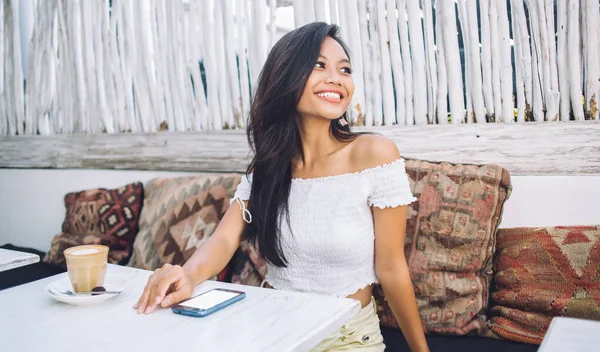 Joyful Attractive Young Asian Woman Shoulder Blouse Sitting Table Cup — Stock Photo, Image