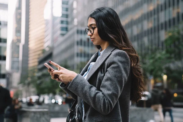 Side View Attractive Young Businesswoman Glasses Black Long Hair Walking — Stock Photo, Image