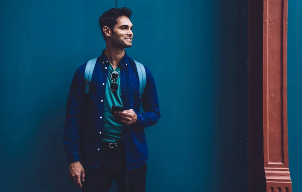 Handsome Young Man Denim Shirt Looking Dreamily Away Smiling While — Stock Photo, Image