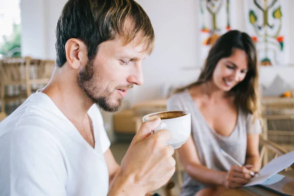 Soft Focus Handsome Millennial Man Enjoying Cup Hot Tangy Coffee — Stock Photo, Image
