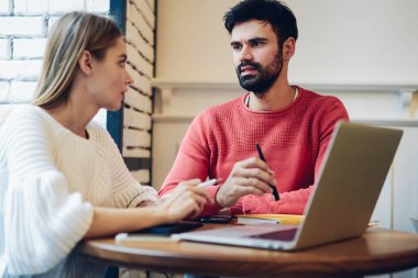 Yetenekli yazılım geliştiriciler netbook uygulamasını güncellemeyi tartışıyorlar birlikte çalışma alanında oturuyorlar ve kapalı alanda işbirliği yapıyorlar, Kafkasyalı hippi adamlar laptop kullanarak bilgi hakkında brifing veriyorlar.