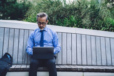 Gözlüklü yetişkin adam, New York caddesinde yeşil çimlere karşı ahşap bankta otururken tablet kullanıyor. 