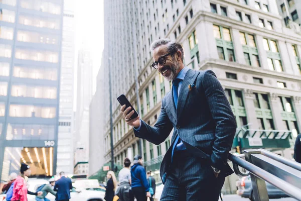 Laughing Middle Aged Business Man Glasses Trendy Dark Business Suit — Foto de Stock