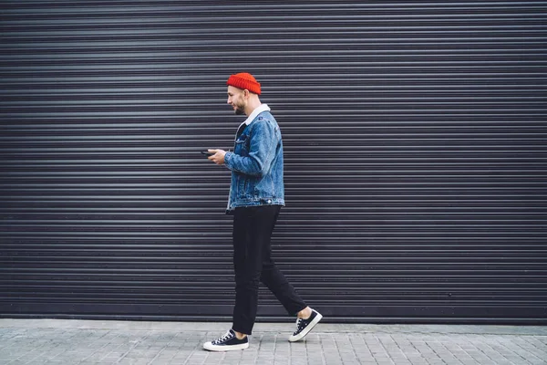 Side View Young Stylish Male Red Cap Denim Jacket Walking — Stock Photo, Image
