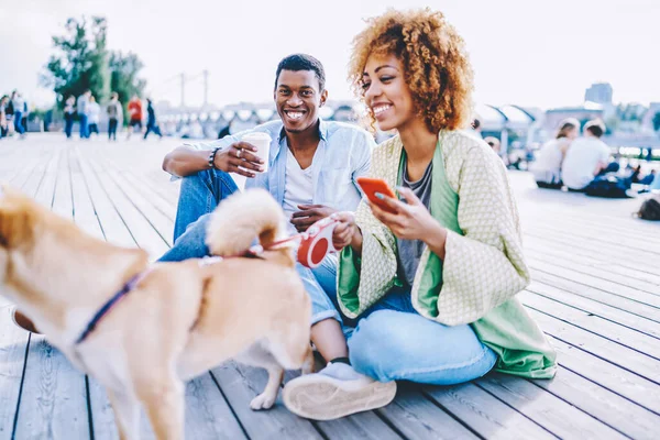 Portrait African American Hipster Guy Coffee Smiling Camera While Spending — Stock Photo, Image