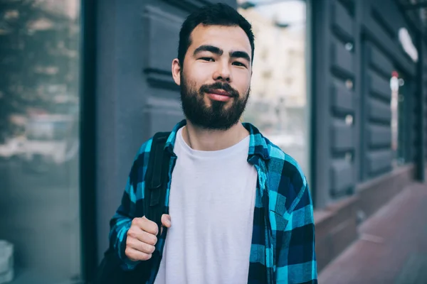 Half Length Portrait Asian Hipster Guy Casual Trendy Outfit Looking — Stock Photo, Image