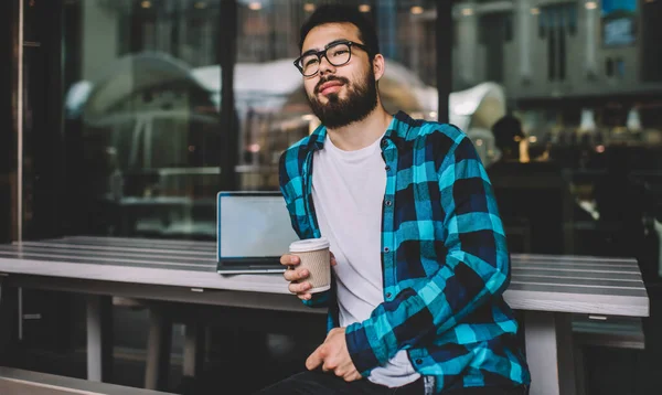 Handsome Bearded 20S Student Eyewear Looking Away Dreaming Smth Coffee — Stock Photo, Image