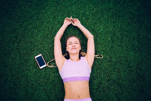 Dreamy Delighted Slender Woman Comfy Tracksuit Eyes Closed Relaxing Smiling — Stock Photo, Image