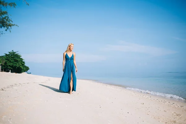 Encantadora Jovem Loira Belo Vestido Azul Com Pescoço Longo Profundo — Fotografia de Stock