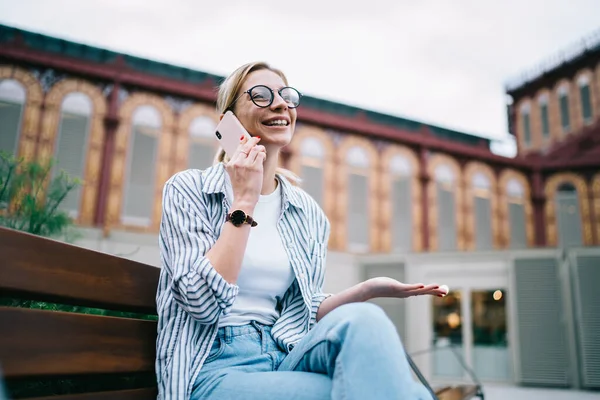 Happy Blonde Female Casual Clothes Eyeglasses Sitting Wooden Bench Having — Stock Photo, Image