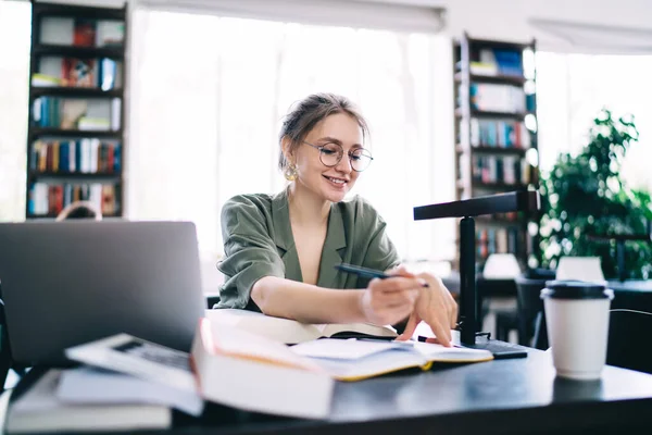 Cheerful Positive Young Woman Eyeglasses Marking Pencil Book Preparing Exam — Stock Photo, Image