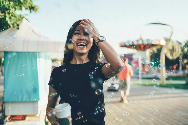 Half Length Portrait Excited Teenage Woman Rejoicing Amusement Park Feeling — Stock Photo, Image