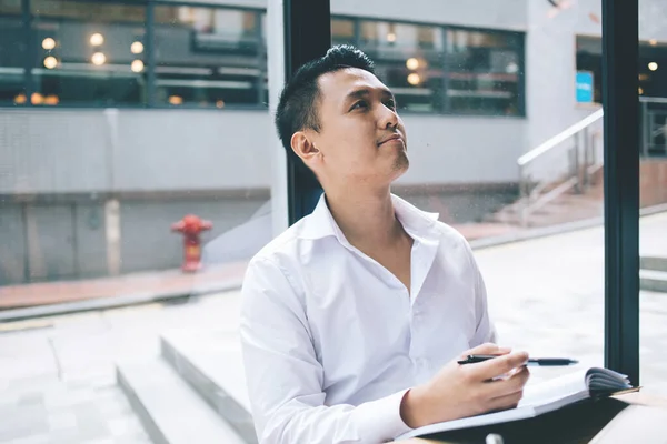 Modern Handsome Ethnic Man Formal White Shirt Sitting Big Transparent — Stock Photo, Image