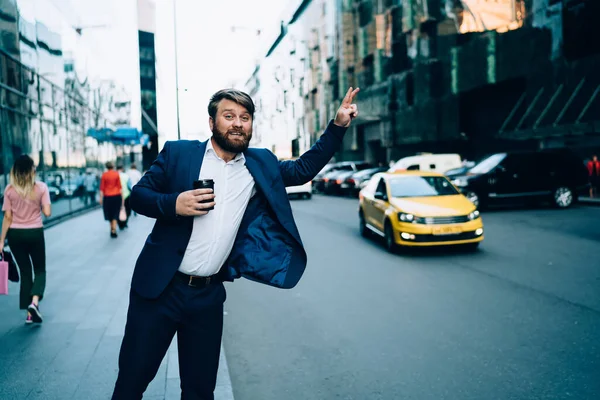 Handsome Businessman Takeaway Cup Raising Hand Call Yellow Cab New — Stock Photo, Image