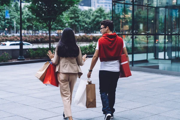 Back View Multiracial Couple Casual Clothes Walking Street Shopping Bags — Stock Photo, Image