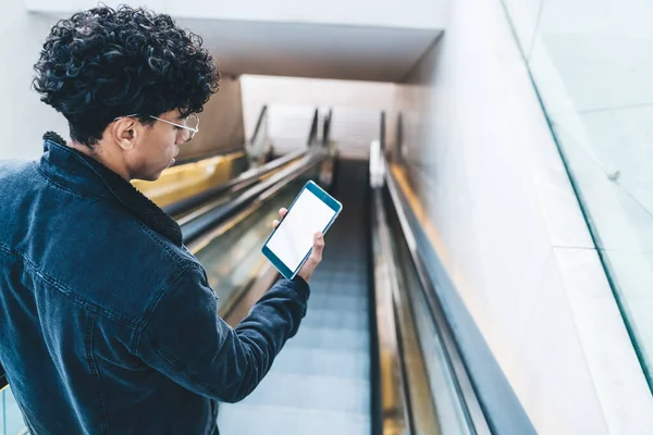 Millennial Hipster Guy Going Metro Station Public Escalator While Holding — Stock Photo, Image