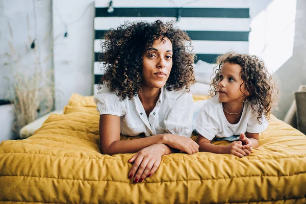 Wonderful Ethnic Curly Woman Cute Alike Little Girl Lying Together — Stock Photo, Image