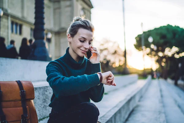 Pleased Adult Female Casual Outfit Sitting Street Stairs Talking Mobile — Stock Photo, Image