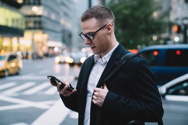 Merry Intelligent Executive Glasses Formal Suit Texting Message Smiling While — Stock Photo, Image