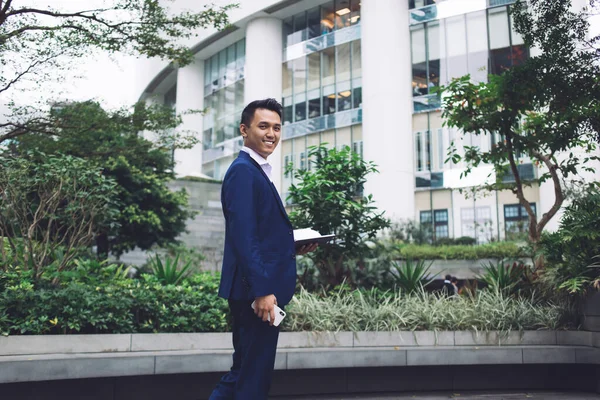 Side View Confident Young Ethnic Employee Blue Suit Standing Outdoors — Stock Photo, Image