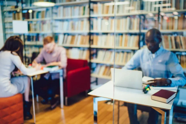 Blurred Group Diverse Men Woman Sitting Glass Doing Homework While — Stock Photo, Image